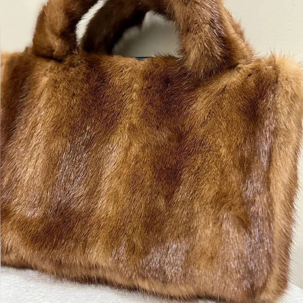 Handmade Real Muskrat Fur Top Handles Satchel With Mink Fur Flower Bag Charm